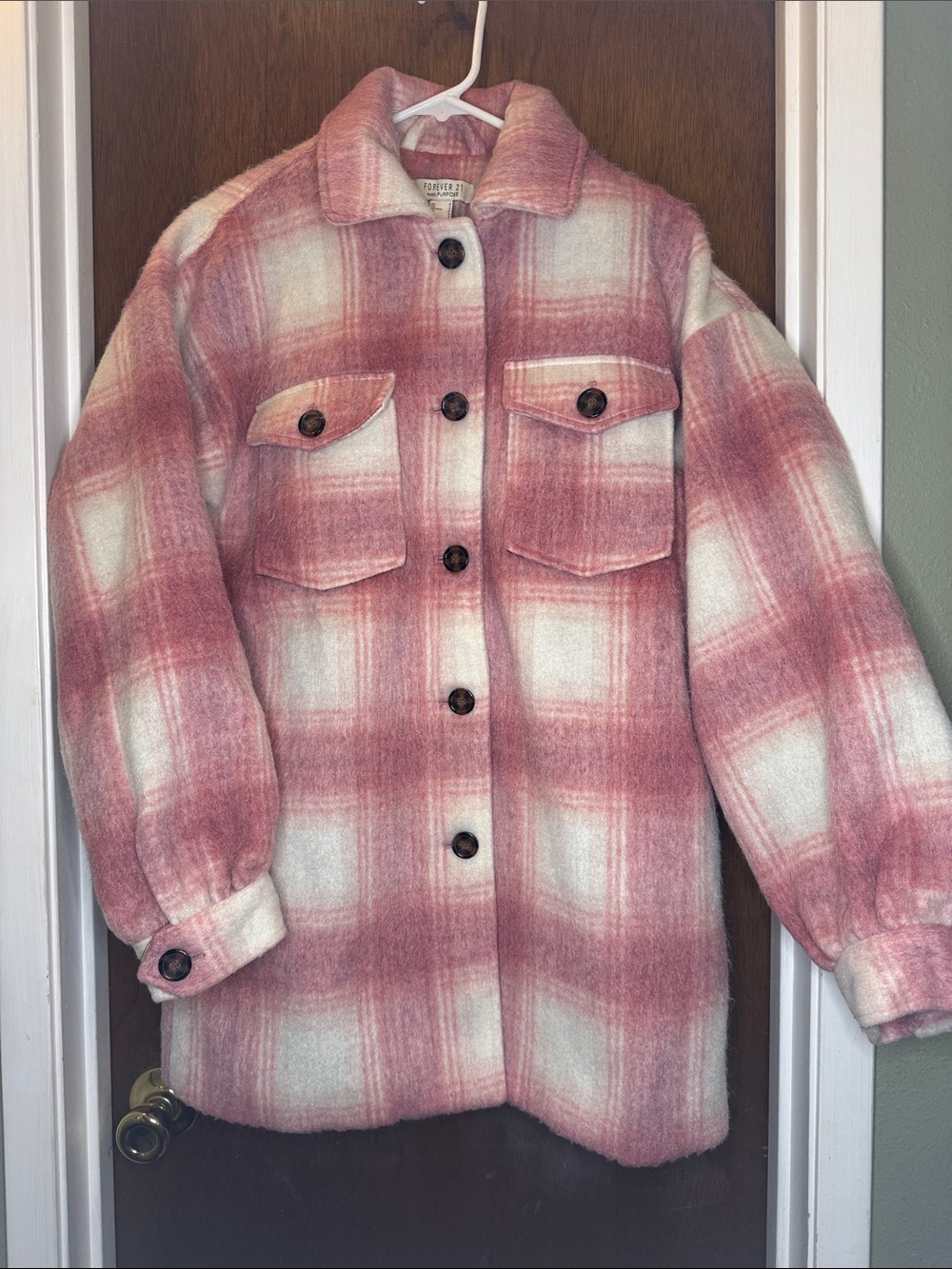 Forever 21 Pink and White Plaid Teddy Shacket